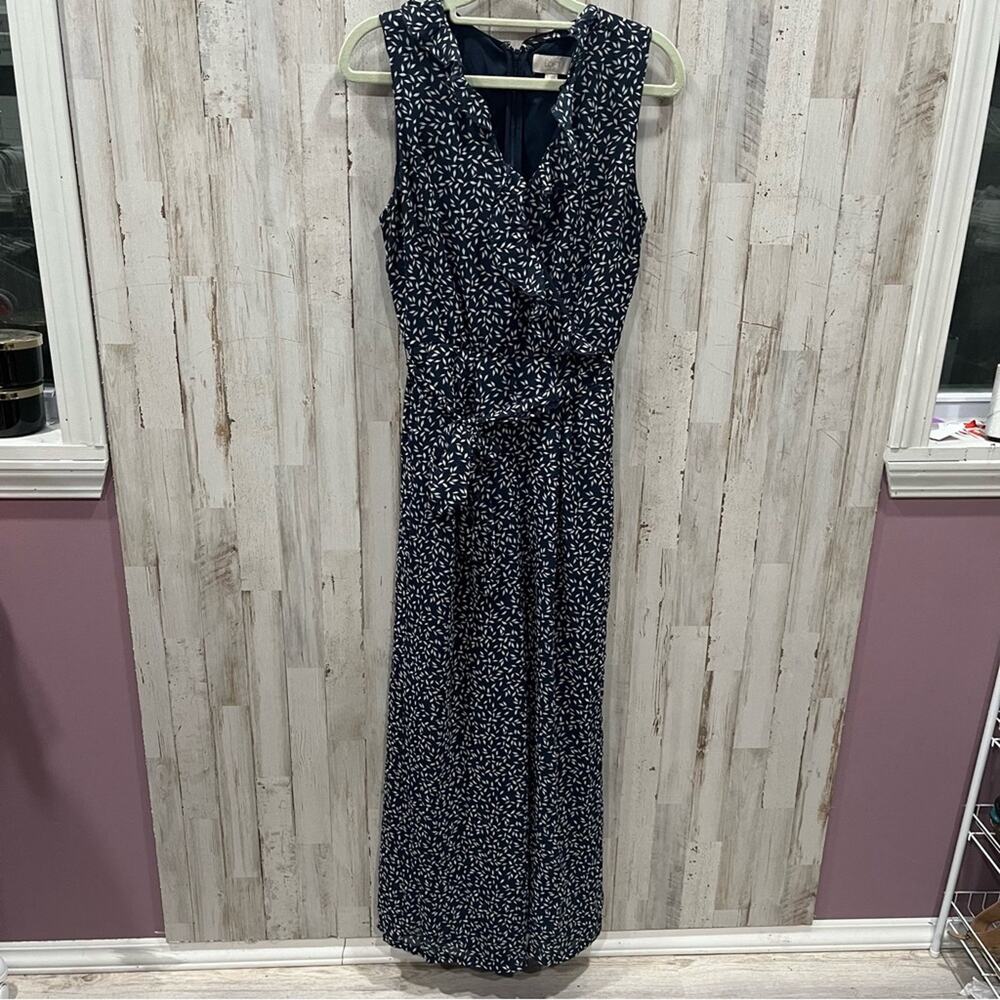 Loft Navy Leaf Print Ruffle Belted Flowy Jumpsuit Womens Size 0
